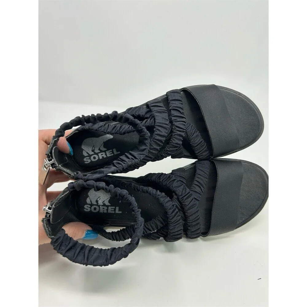 Sorel Ella II Sandals Womens Black Ruched Strappy Open Toe Ankle Strap Size 7